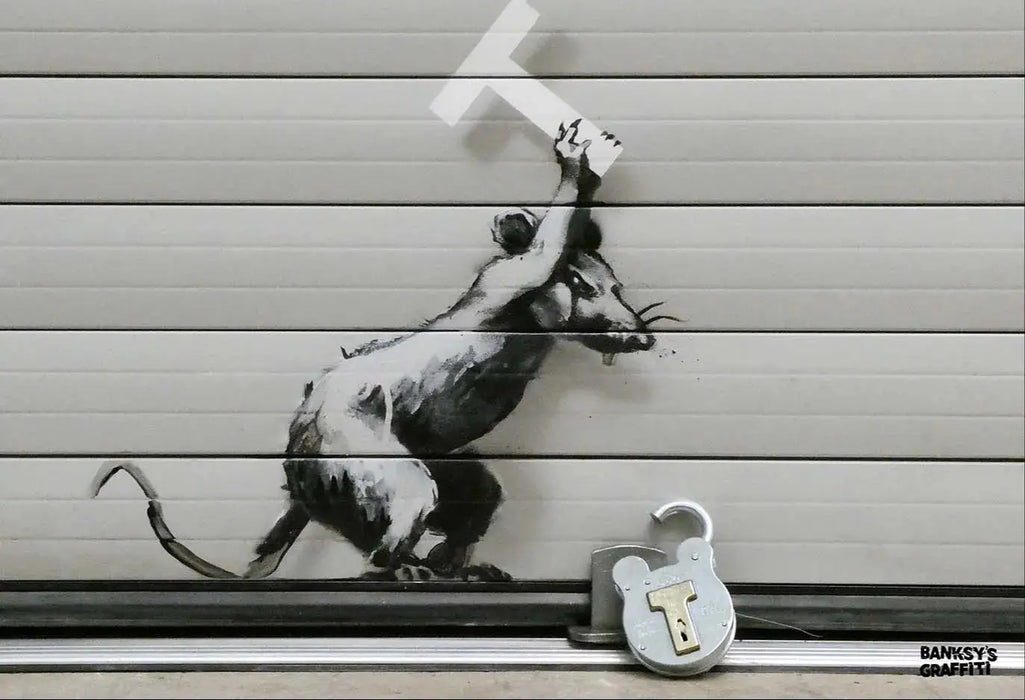 Padlock Rat Brexit Artwork, Heathrow 2019 by Banksy's Graffiti