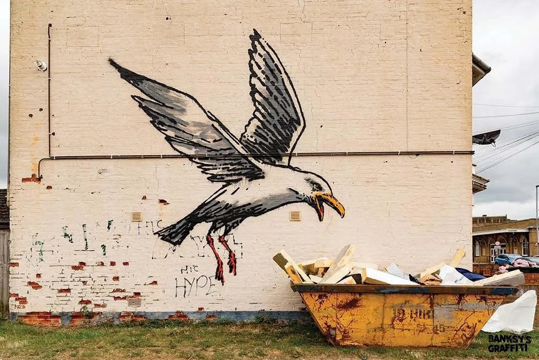 Seagull Raiding A Dumpster by Banksy's Graffiti