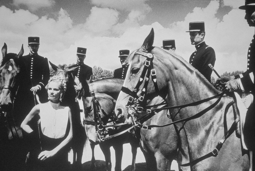 "Model Surrounded by Gendarmes, Le Cadre Noir de Saumur, 1980" 16x20 Vintage Silver Gelatin Print by Helmut NewtonPhotography