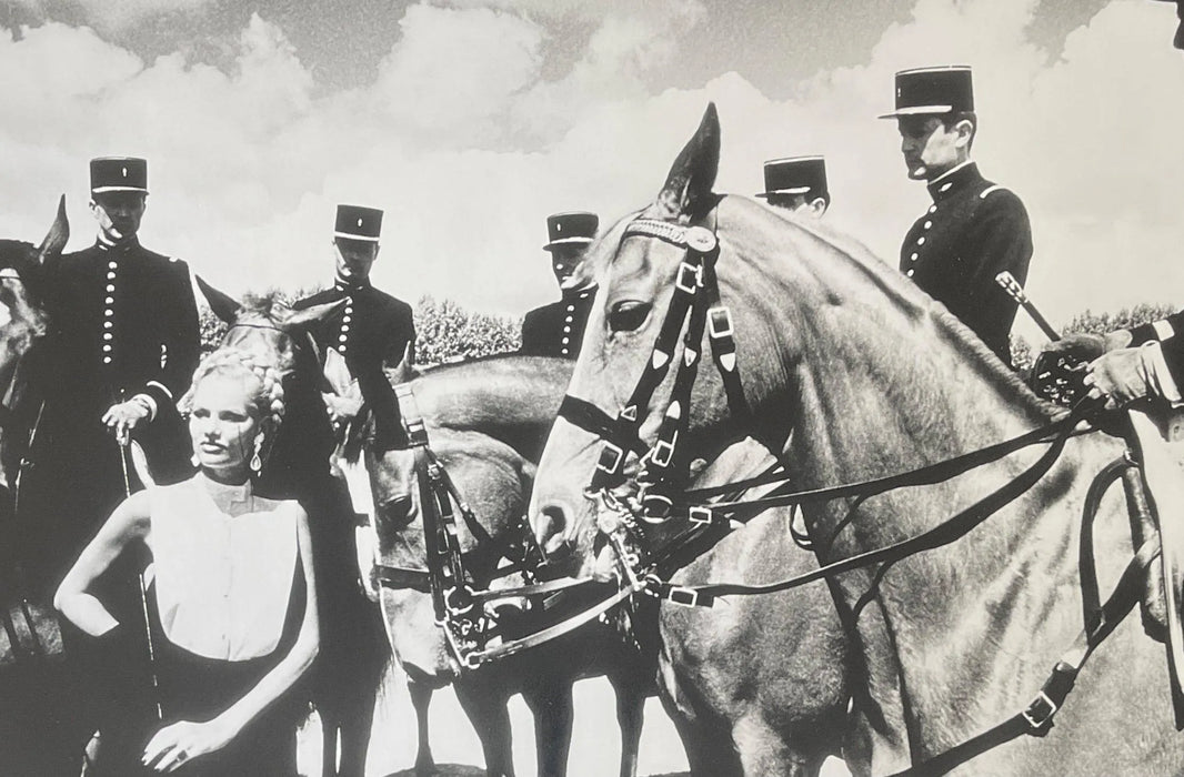 "Model Surrounded by Gendarmes, Le Cadre Noir de Saumur, 1980" 16x20 Vintage Silver Gelatin Print by Helmut Newton-16x20 Vintage Silver Gelatin Print-Helmut Newton-Global Images Helmut Newton Photography