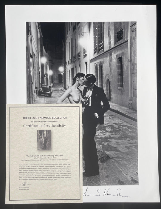 "Rue Aubriot with Nude Model Kissing, Parisian Street 1975" 16x20 Signed Vintage Silver Gelatin Print (Inquire for Price) by Helmut Newton