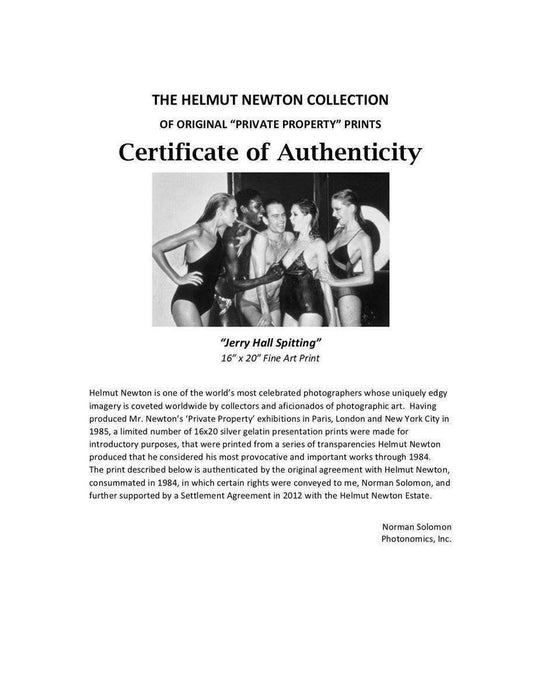 "Jerry Hall Spitting, 1978" 16x20 Vintage Silver Gelatin Print by Helmut Newton